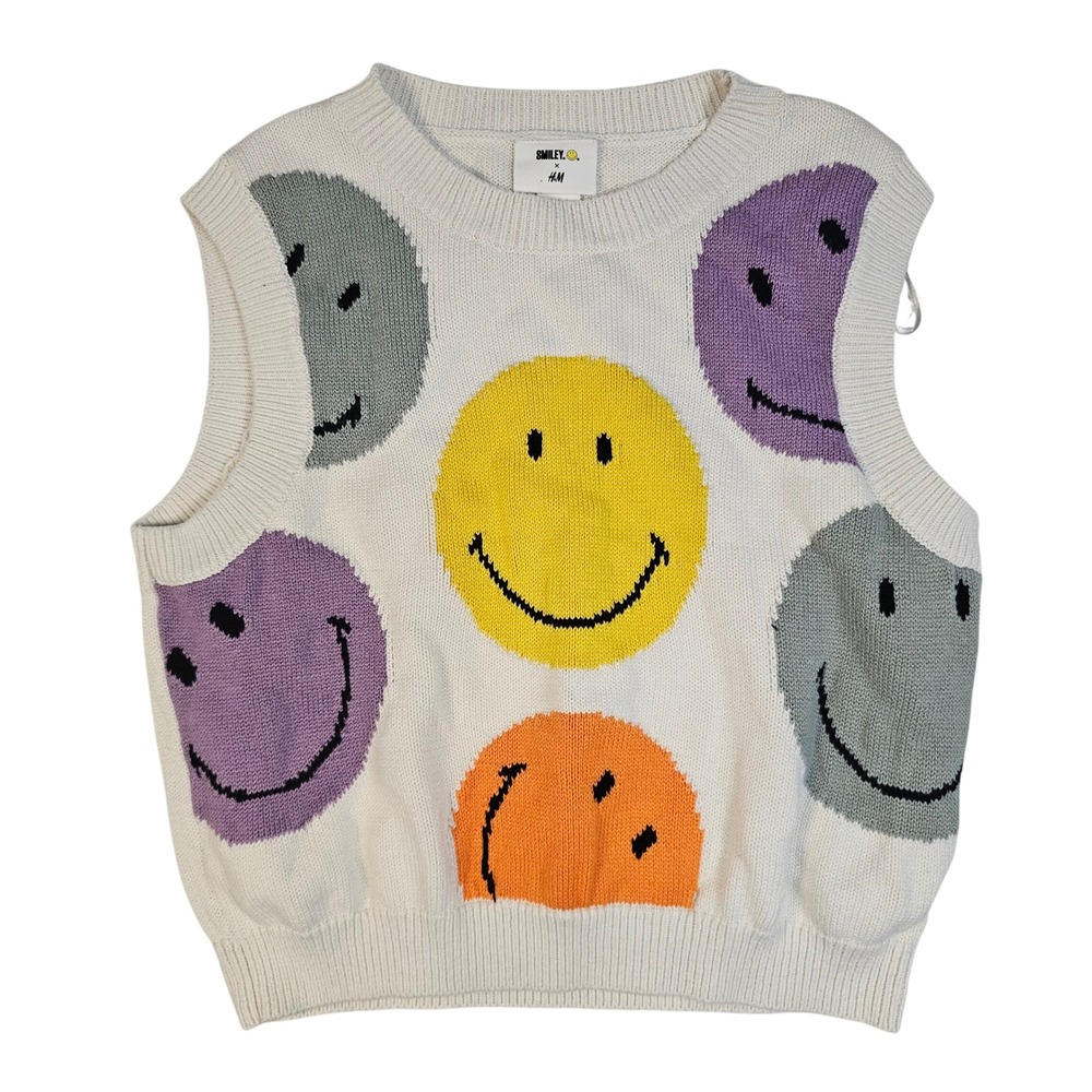 Smiley x H&M Knit Sweater Vest Large White Smiley Face Graphic Sleeveless Top